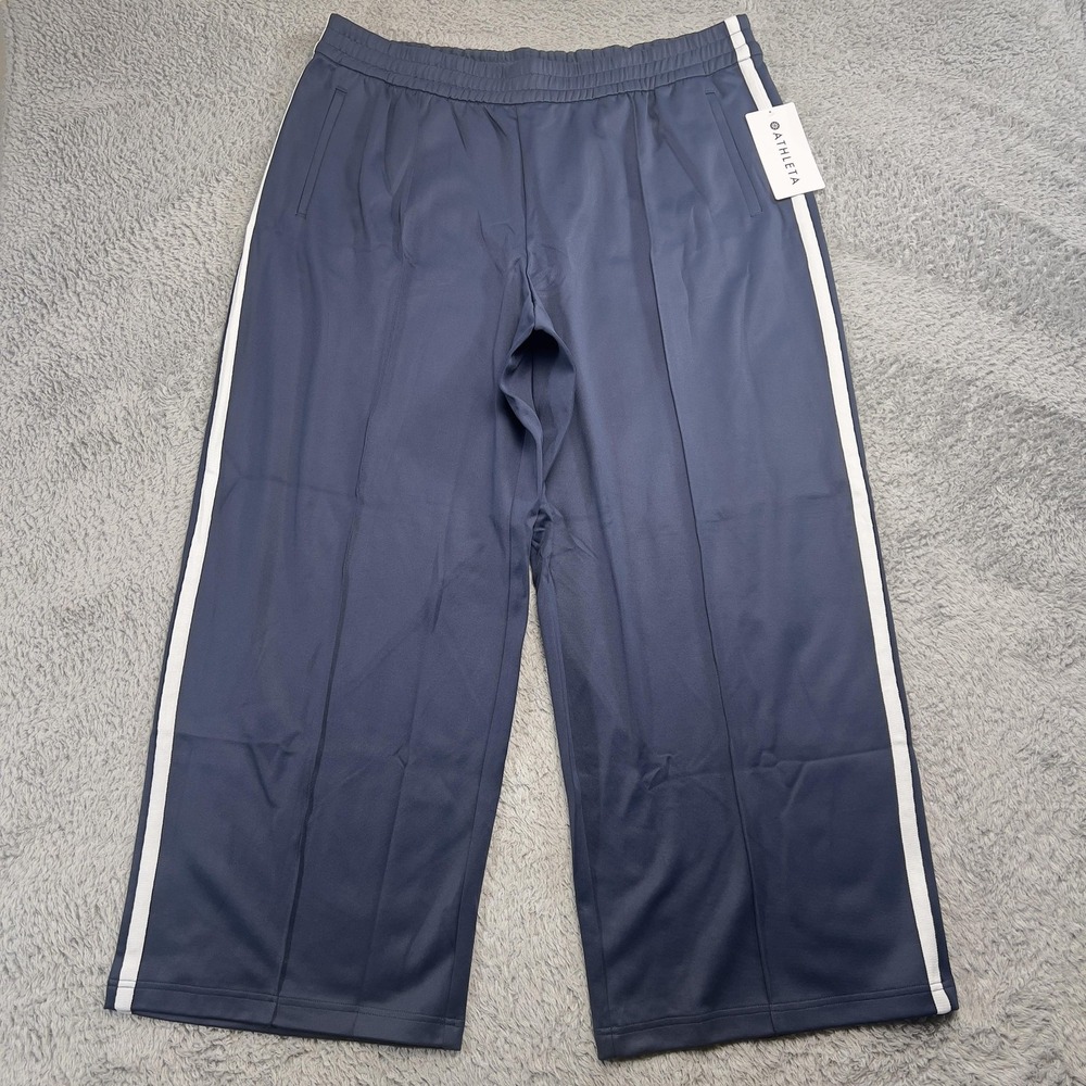 Athleta Tempo Wide Leg Track Pants Womens 1X Blue Side Stripe Stretch NWT